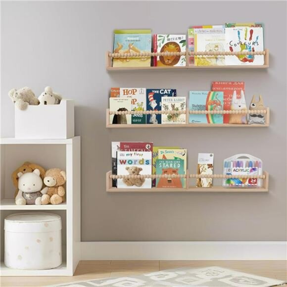 Set of 3 nursery wall book shelves 32 inch floating kids room storage organizer - Picture 6 of 8